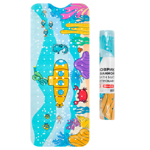 Коврик для ванны противоскользящий 100х40 см с рисунком "Батискаф", ПВХ, присоски, PRIMILA (ПРИМИЛА), 700378