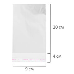 Пакеты БОПП с клеевым клапаном, КОМПЛЕКТ 100 штук, 9&times;20 + 4 см, 25 мкм, с усиленным швом, BRAUBERG, 700403