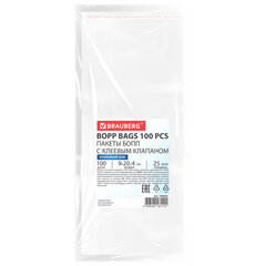 Пакеты БОПП с клеевым клапаном, КОМПЛЕКТ 100 штук, 9&times;20 + 4 см, 25 мкм, с усиленным швом, BRAUBERG, 700403