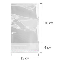 Пакеты БОПП с клеевым клапаном КОМПЛЕКТ 100 штук, 15&times;20 + 4 см, 25 мкм, с усиленным швом, BRAUBERG, 700406