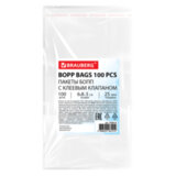 Пакеты БОПП с клеевым клапаном, КОМПЛЕКТ 100 штук, 6х8 + 3 см, 25 мкм, BRAUBERG, 700414