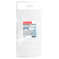 Пакеты БОПП с европодвесом, клеевым клапаном, КОМПЛЕКТ 100 штук, 10&times;16 + 3 + 4 см, белая подложка, BRAUBERG, 700416