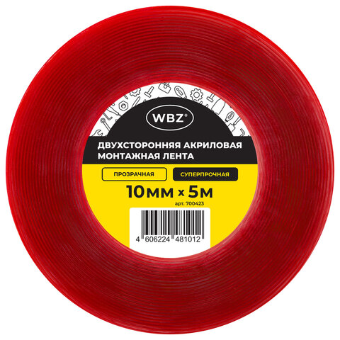 Монтажная прозрачная суперпрочная двухсторонняя лента 10мм х 5м, акриловая, толщина 1мм, WBZ, 700423