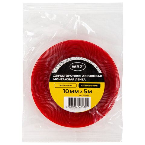 Монтажная прозрачная суперпрочная двухсторонняя лента 10мм х 5м, акриловая, толщина 1мм, WBZ, 700423