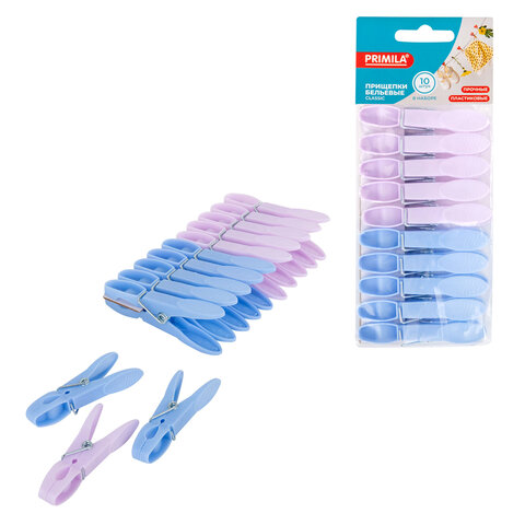 Прищепки бельевые 7,3 см, КОМПЛЕКТ 10 штук, пластик, ассорти, PRIMILA (ПРИМИЛА) CLASSIC, 700516