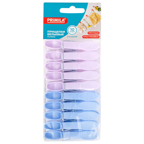 Прищепки бельевые 7,3 см, КОМПЛЕКТ 10 штук, пластик, ассорти, PRIMILA (ПРИМИЛА) CLASSIC, 700516