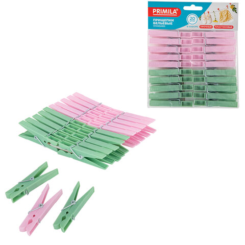 Прищепки бельевые 7,4 см, КОМПЛЕКТ 20 штук, пластик, ассорти, PRIMILA (ПРИМИЛА) STANDARD, 700517