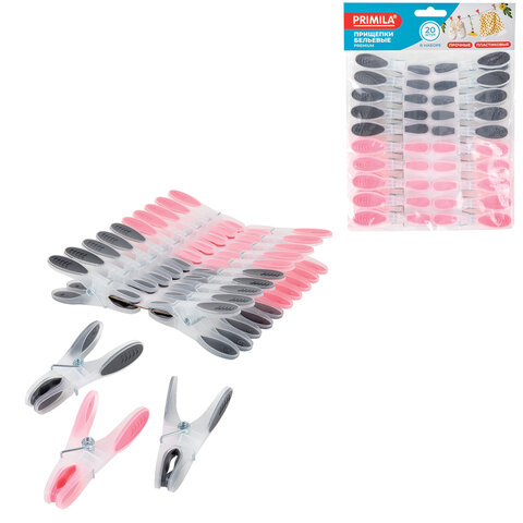 Прищепки бельевые 8,2 см, КОМПЛЕКТ 20 штук, прорезиненный пластик, ассорти, PRIMILA (ПРИМИЛА) PREMIUM, 700522
