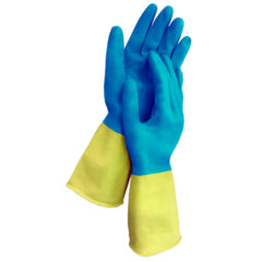 Перчатки МНОГОРАЗОВЫЕ латексные LAIMA &laquo;БИКОЛОР&raquo;, сине-желтые, ОСОБО ПРОЧНЫЕ, хлопковое напыление, размер M (средний), вес 55 г, 700542