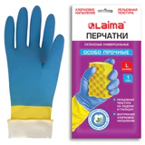 Перчатки МНОГОРАЗОВЫЕ латексные LAIMA "БИКОЛОР", сине-желтые, ОСОБО ПРОЧНЫЕ, хлопковое напыление, размер L (большой), вес 60 г, 700543