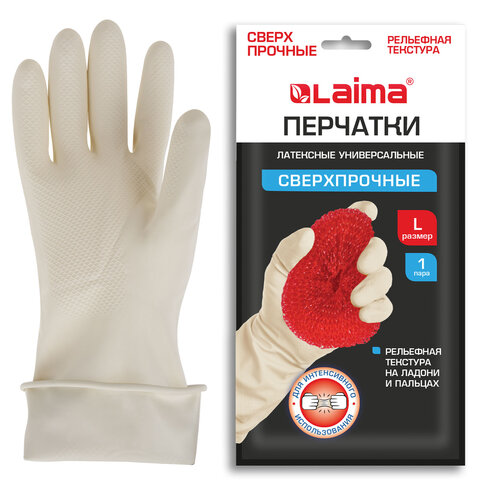 Перчатки МНОГОРАЗОВЫЕ латексные LAIMA "ULTRA" СВЕРХПРОЧНЫЕ, бежевые, размер L (большой), вес 96 г, 700548