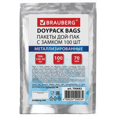 Пакеты дой-пак с замком ZIP LOCK, металлизированная + прозрачная стенка, 100&times;150 + 30 мм, КОМПЛЕКТ 100 штук, 70 мкм, BRAUBERG, 700682
