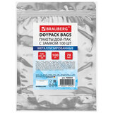 Пакеты дой-пак с замком ZIP LOCK, металлизированная + прозрачная стенка, 140х200 + 40 мм, КОМПЛЕКТ 100 штук, 70 мкм, BRAUBERG, 700684