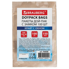 Пакеты дой-пак с замком ZIP LOCK, крафт с окном 40 мм, 100&times;150 + 30 мм, КОМПЛЕКТ 100 штук, 150 мкм, BRAUBERG, 700688