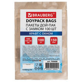 Пакет Дой-Пак с замком ZIP LOCK, крафт с окном 40мм, 100 х 150 + 30 мм, 100 штук 150 мкм, BRAUBERG, 700688