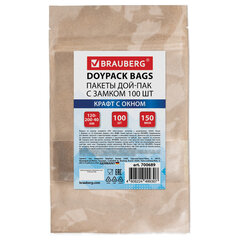 Пакеты дой-пак с замком ZIP LOCK, крафт с окном 50 мм, 120&times;200 + 40 мм, КОМПЛЕКТ 100 штук, 150 мкм, BRAUBERG, 700689