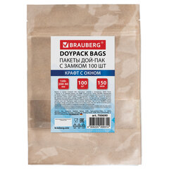 Пакеты дой-пак с замком ZIP LOCK, крафт с окном 50 мм, 140&times;200 + 40 мм, КОМПЛЕКТ 100 штук, 150 мкм, BRAUBERG, 700690