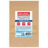 Пакеты дой-пак с замком ZIP LOCK, крафт с окном 50 мм, 140х200 + 40 мм, КОМПЛЕКТ 100 штук, 150 мкм, BRAUBERG, 700690