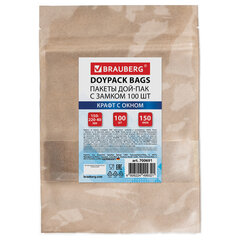 Пакеты дой-пак с замком ZIP LOCK, крафт с окном 50 мм, 150&times;220 + 40 мм, КОМПЛЕКТ 100 штук, 150 мкм, BRAUBERG, 700691