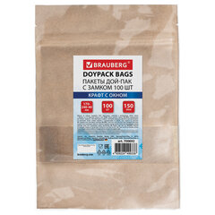 Пакеты дой-пак с замком ZIP LOCK, крафт с окном 60 мм, 170&times;240 + 40 мм, КОМПЛЕКТ 100 штук, 150 мкм, BRAUBERG, 700692