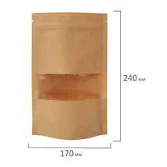 Пакеты дой-пак с замком ZIP LOCK, крафт с окном 60 мм, 170х240 + 40 мм, КОМПЛЕКТ 100 штук, 150 мкм, BRAUBERG, 700692