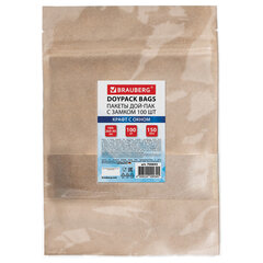 Пакеты дой-пак с замком ZIP LOCK, крафт с окном 60 мм, 180&times;260 + 40 мм, КОМПЛЕКТ 100 штук, 150 мкм, BRAUBERG, 700693