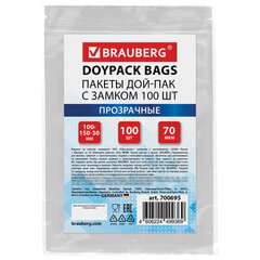 Пакеты дой-пак с замком ZIP LOCK, прозрачные, 100&times;150 + 30 мм, КОМПЛЕКТ 100 штук, 70 мкм, BRAUBERG, 700695