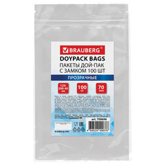 Пакеты дой-пак с замком ZIP LOCK, прозрачные, 120&times;200 + 40 мм, КОМПЛЕКТ 100 штук, 70 мкм, BRAUBERG, 700696