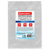 Пакеты дой-пак с замком ZIP LOCK, прозрачные, 140х200 + 40 мм, КОМПЛЕКТ 100 штук, 70 мкм, BRAUBERG, 700697
