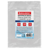 Пакет Дой-Пак с замком ZIP LOCK, прозрачный 140 х 200 + 40 мм, 100 штук 70 мкм, BRAUBERG, 700697