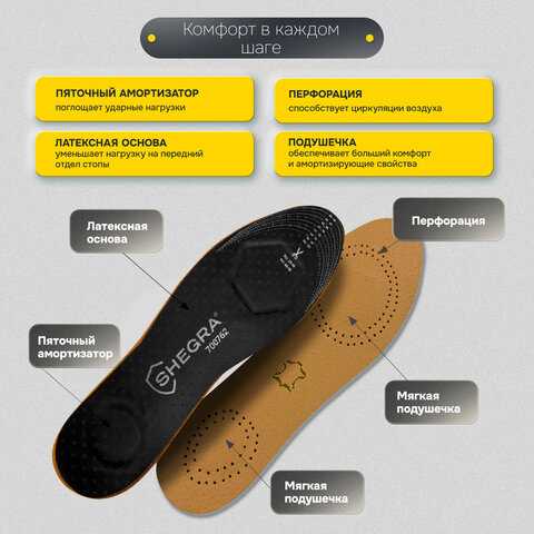 Стельки для обуви из натуральной кожи,размер RU 39-45/EU 40-46 с линиями выреза,SHEGRA(ШЕГРА),700762