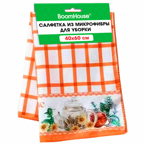 Салфетка из МИКРОФИБРЫ универсальная, 40х60 см, оранжевая клетка, орнамент, 240 г/м2, BOOMHOUSE (БУМХАУС), 700877