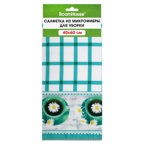 Салфетка из МИКРОФИБРЫ универсальная, 40х60 см, бирюзовая клетка, орнамент, 240 г/м2, BOOMHOUSE (БУМХАУС), 700879