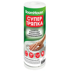 Салфетки БЕЗВОРСОВЫЕ 56 штук, 21&times;28 см, СУПЕРВПИТЫВАЮЩИЕ СУХИЕ многоразовые универсальные, ЦЕЛЛЮЛОЗНЫЕ, BOOMHOUSE (БУМХАУС), 700988