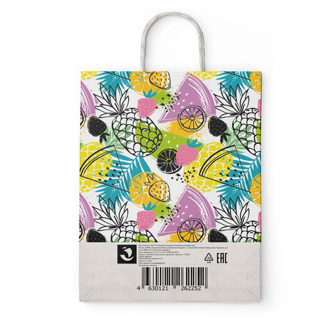 Крафт-пакет бумажный "Фрукты" 26х15х35 см, с кручеными ручками, плотность 100 г/м2, белый, 112252