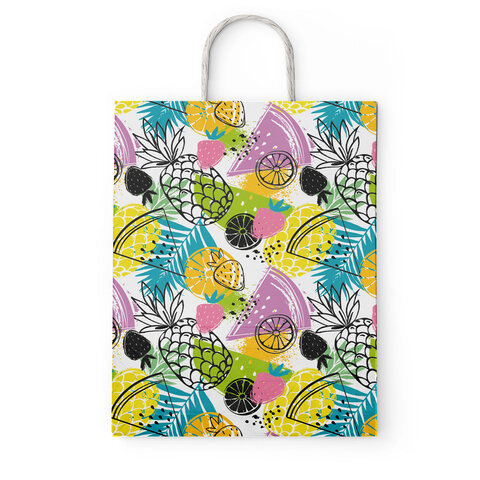 Крафт-пакет бумажный "Фрукты" 26х15х35 см, с кручеными ручками, плотность 100 г/м2, белый, 112252