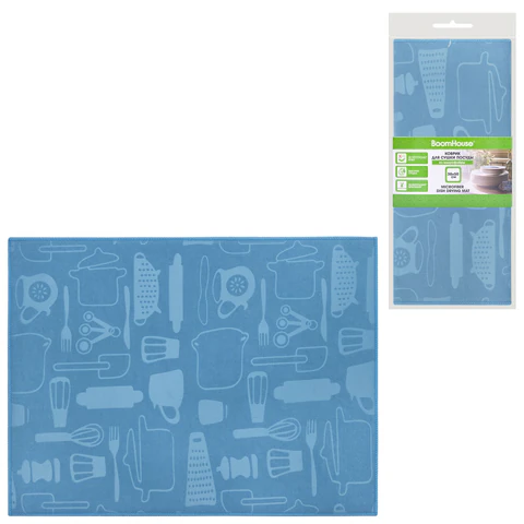 Коврик для сушки посуды из микрофибры, 38х50 см, тиснение, "ПОСУДА", СИНИЙ, 400 г/м2, BOOMHOUSE (БУМХАУС), 701148