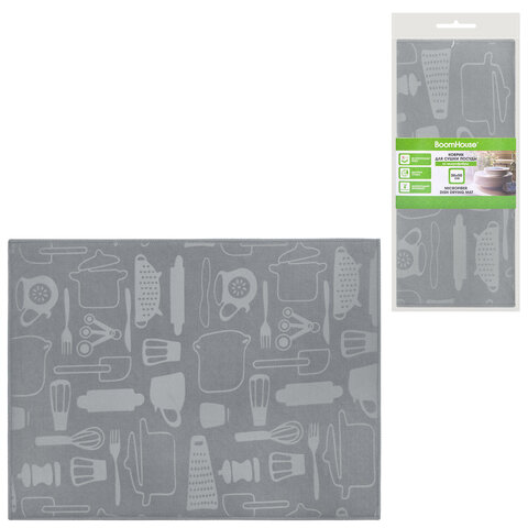 Коврик для сушки посуды из микрофибры, 38х50 см, тиснение, "ПОСУДА", СЕРЫЙ, 400 г/м2, BOOMHOUSE (БУМХАУС), 701149