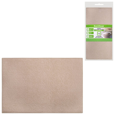 Коврик для сушки посуды из микрофибры, 31х47 см, тиснение "ОРНАМЕНТ" БЕЖЕВЫЙ, 330 г/м2, BOOMHOUSE (БУМХАУС), 701152