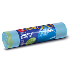 Мешки для мусора 60 л, синие, с завязками, в рулоне 15 шт., ПНД, 60х70 см, 14 мкм, GRIFON