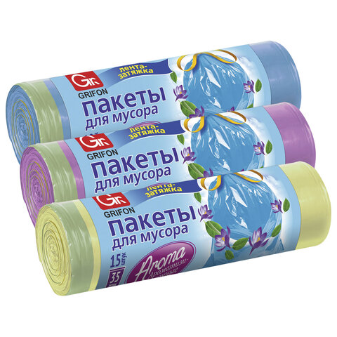 Мешки для мусора с завязками "Арома", 35 л в рулоне, 15 шт., ассорти, ПНД, 53х56 см, 9 мкм, GRIFON, 101-084