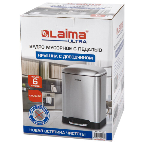 Ведро мусорное с педалью 6л, крышка с доводчиком, стальное, БЕЗ ОТПЕЧАТКОВ, LAIMA ULTRA, 701567