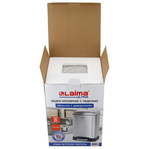 Ведро мусорное с педалью 6л, крышка с доводчиком, стальное, БЕЗ ОТПЕЧАТКОВ, LAIMA ULTRA, 701567