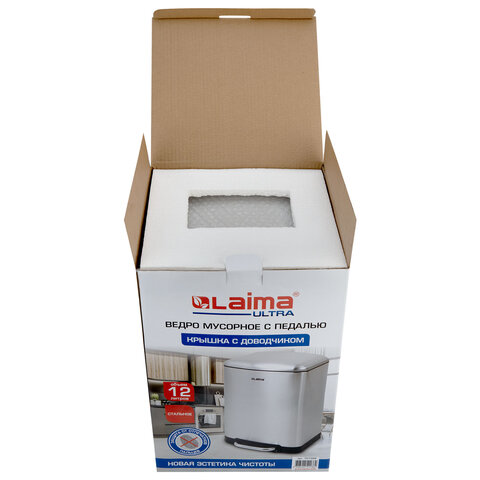 Ведро мусорное с педалью 12л, крышка с доводчиком, стальное, БЕЗ ОТПЕЧАТКОВ, LAIMA ULTRA, 701568