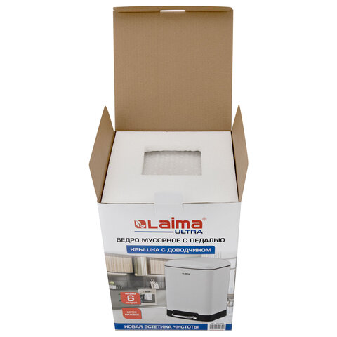 Ведро мусорное с педалью 6л, крышка с доводчиком, белое матовое, металл, LAIMA ULTRA, 701569