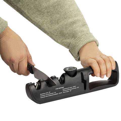 Точилка для ножей (ножеточка) и ножниц ручная, 3 зоны (грубая, чистовая, шлифовка), регулировка угла заточки, PRIMAURA (ПРИМАУРА), 701623 - фото 5