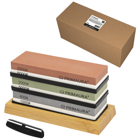 Точильный камень водный, КОМПЛЕКТ 3 шт., НАБОР 8 предметов, 400/1000/2000/3000/5000/8000 грит, PRIMAURA (ПРИМАУРА), 701629