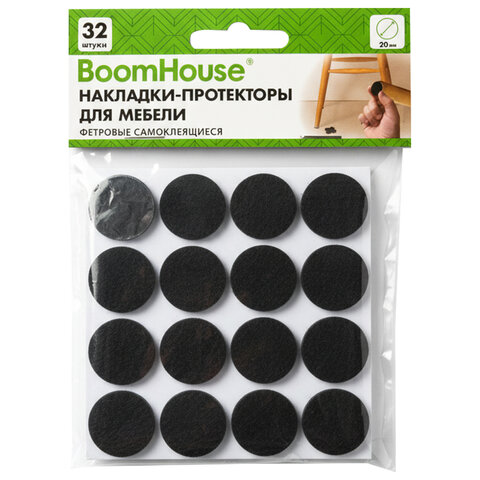 Накладки-протекторы для мебели ФЕТР самоклеящиеся, d=20 мм, черные, КОМПЛЕКТ 32 шт., BOOMHOUSE (БУМХАУС), 701815