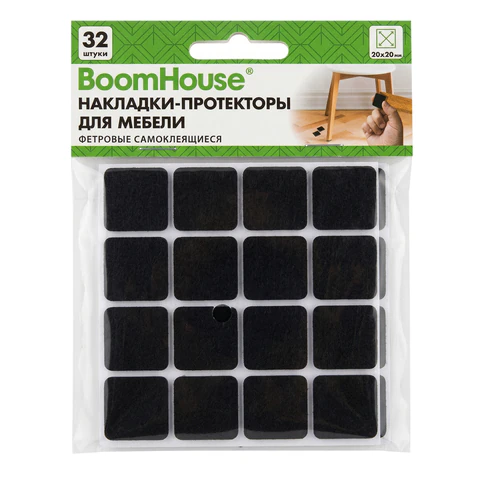 Накладки-протекторы для мебели ФЕТР самоклеящиеся, 20х20мм, черные, КОМПЛЕКТ 32 шт, BOOMHOUSE (БУМХАУС), 701817