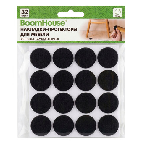Накладки-протекторы для мебели ФЕТР самоклеящиеся, d=25 мм, черные, КОМПЛЕКТ 32 шт., BOOMHOUSE (БУМХАУС), 701819